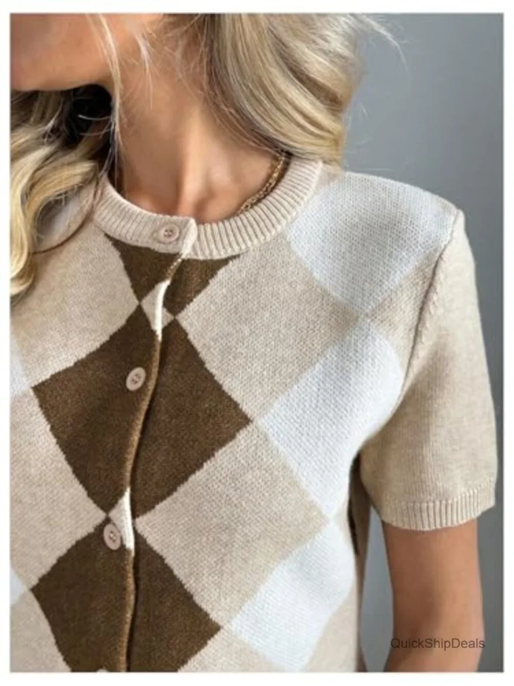 Short Sleeve Button Up Cardigan Sweater Argyle Knit Top
